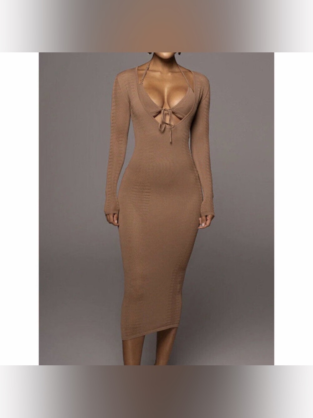 JLUXLABEL Brown Long Sleeve Tie-Front Bodycon Midi Dress